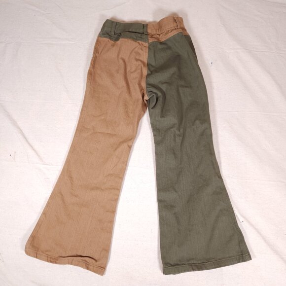 Tunnel Vision Patchwork Jeans Womens Medium Green Tan Flare Skater Streetware - Picture 2 of 14